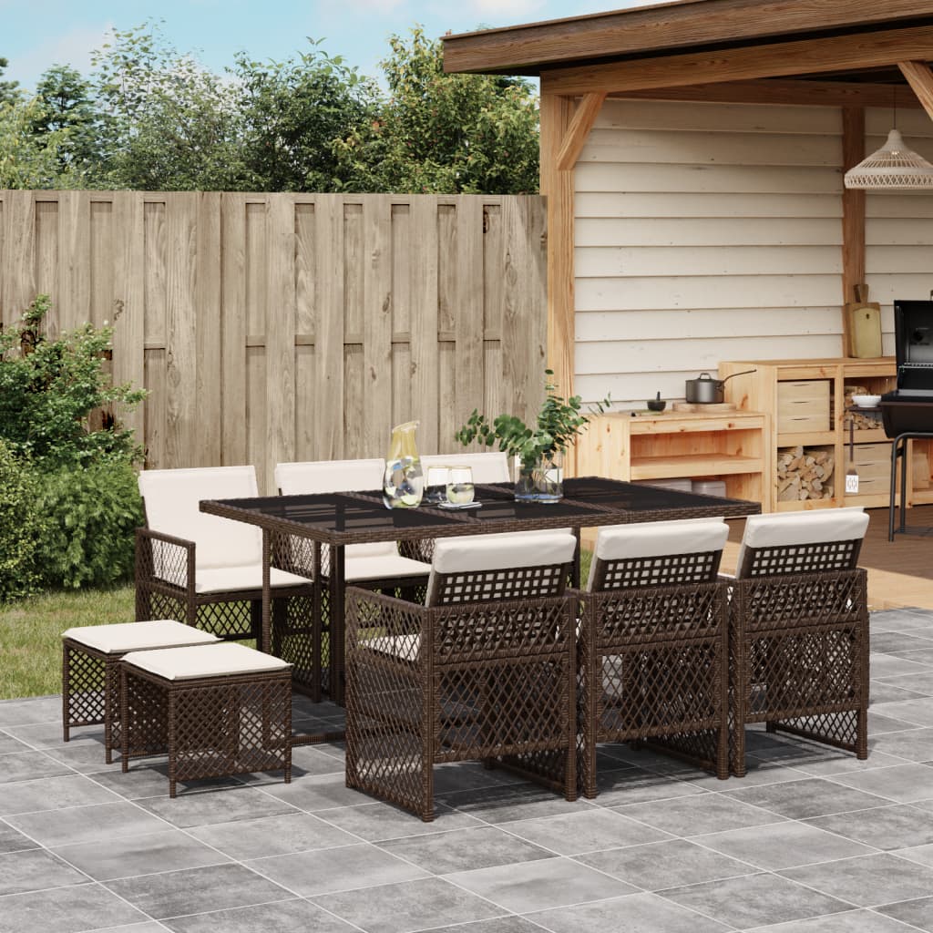 vidaXL 11-tlg. Garten-Essgruppe mit Kissen Braun Poly Rattan