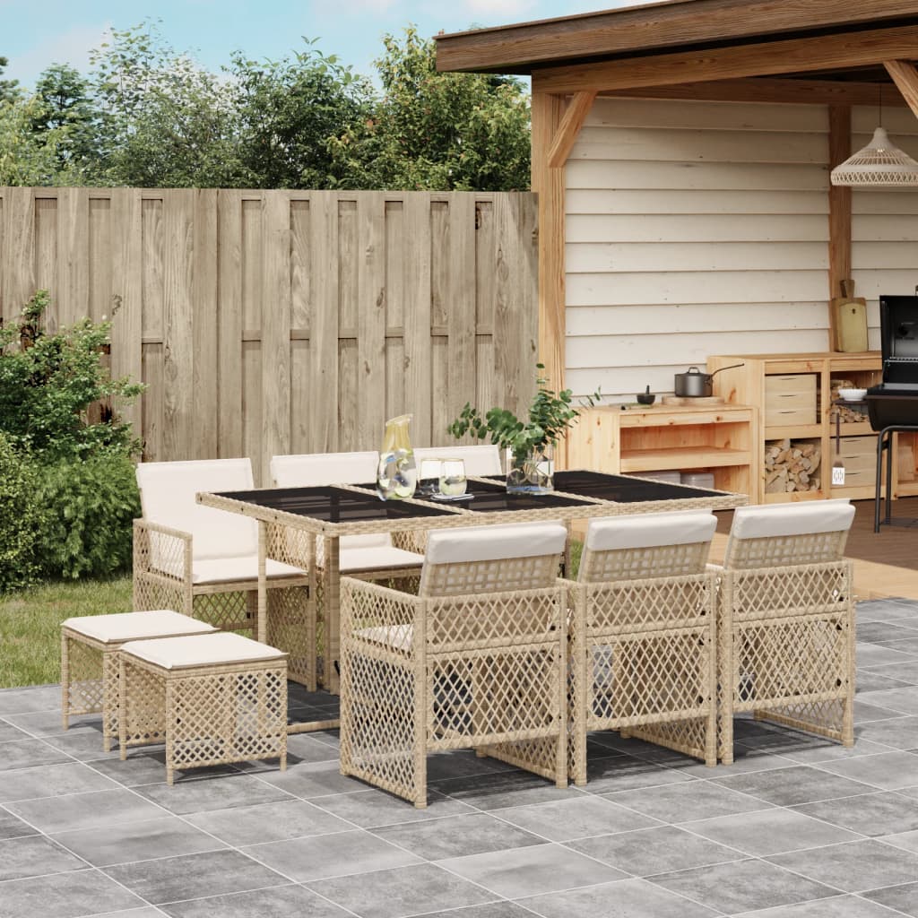 vidaXL 11-tlg. Garten-Essgruppe mit Kissen Beige Poly Rattan