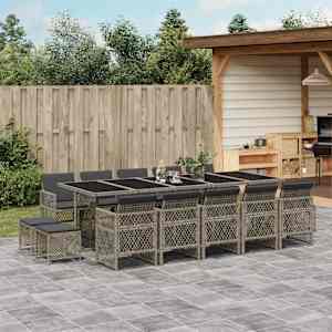 Vrtna jedilna garnitura 15-delna z blazinami siv poli ratan