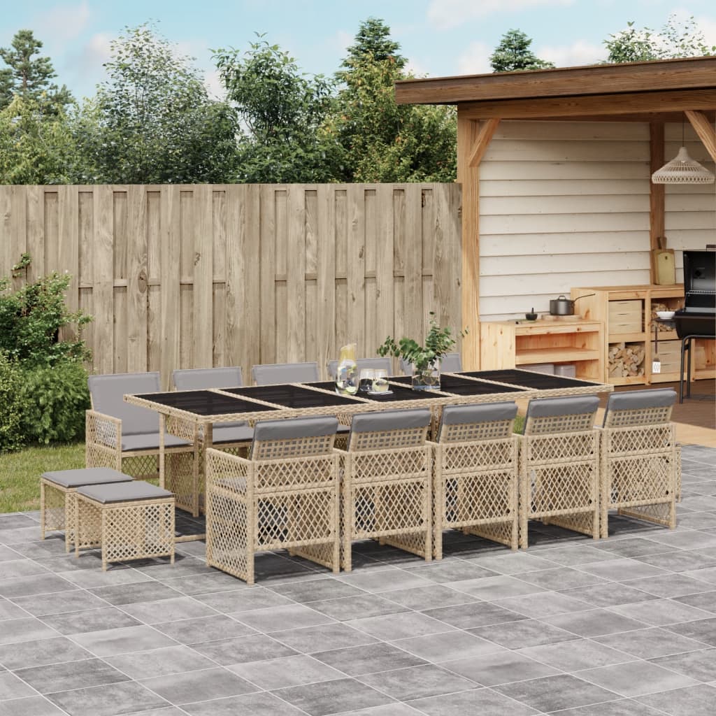 vidaXL 15-tlg. Garten-Essgruppe mit Kissen Beige Poly Rattan