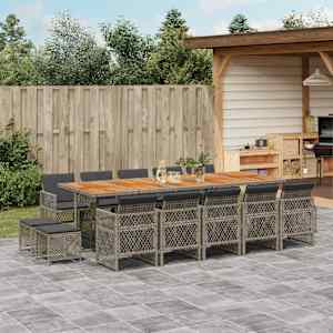 Vrtna jedilna garnitura 15-delna z blazinami siv poli ratan