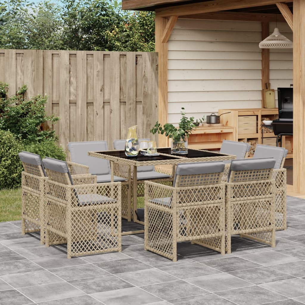 vidaXL 9-tlg. Garten-Essgruppe mit Kissen Beigemischung Poly Rattan