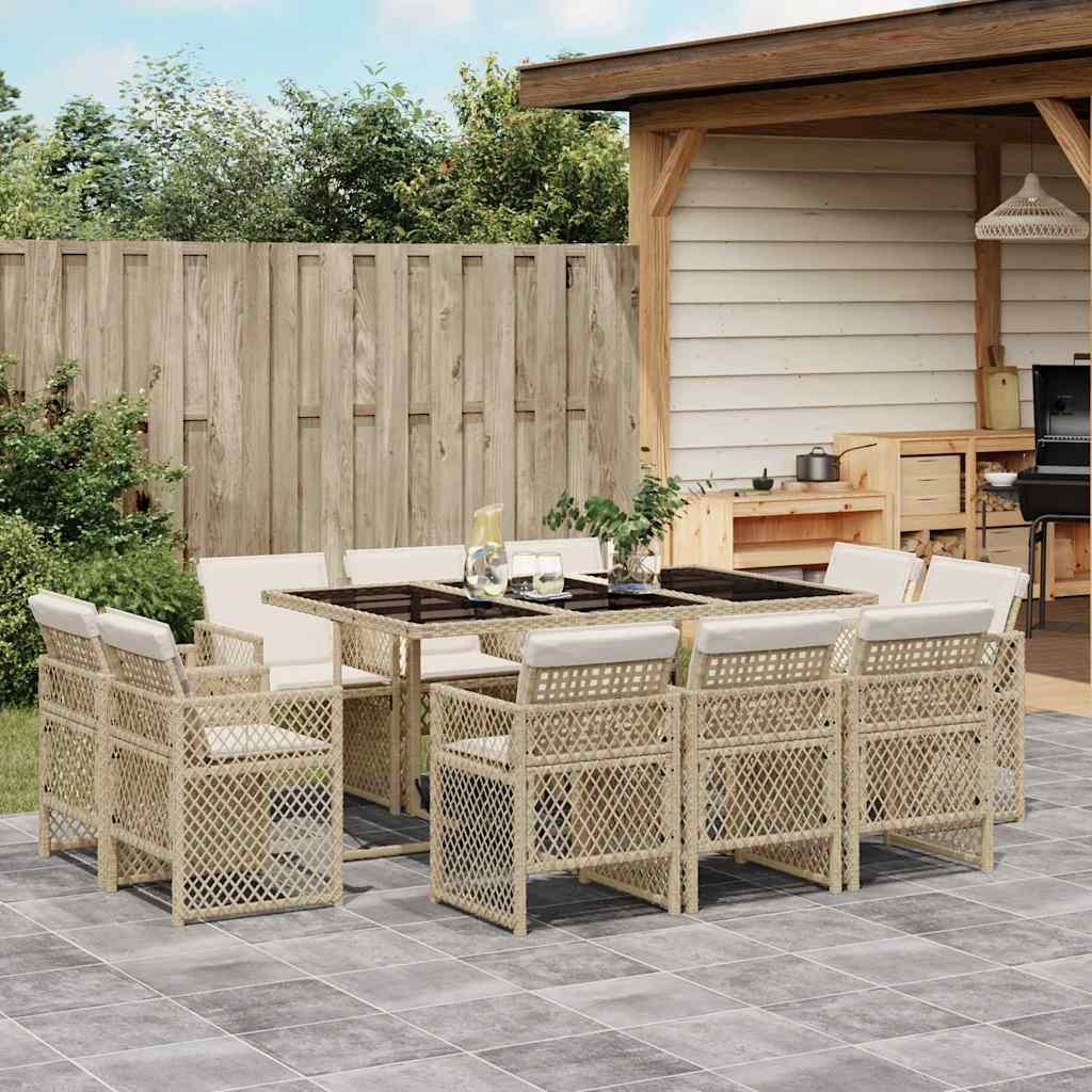 vidaXL 11-tlg. Garten-Essgruppe mit Kissen Beige Poly Rattan