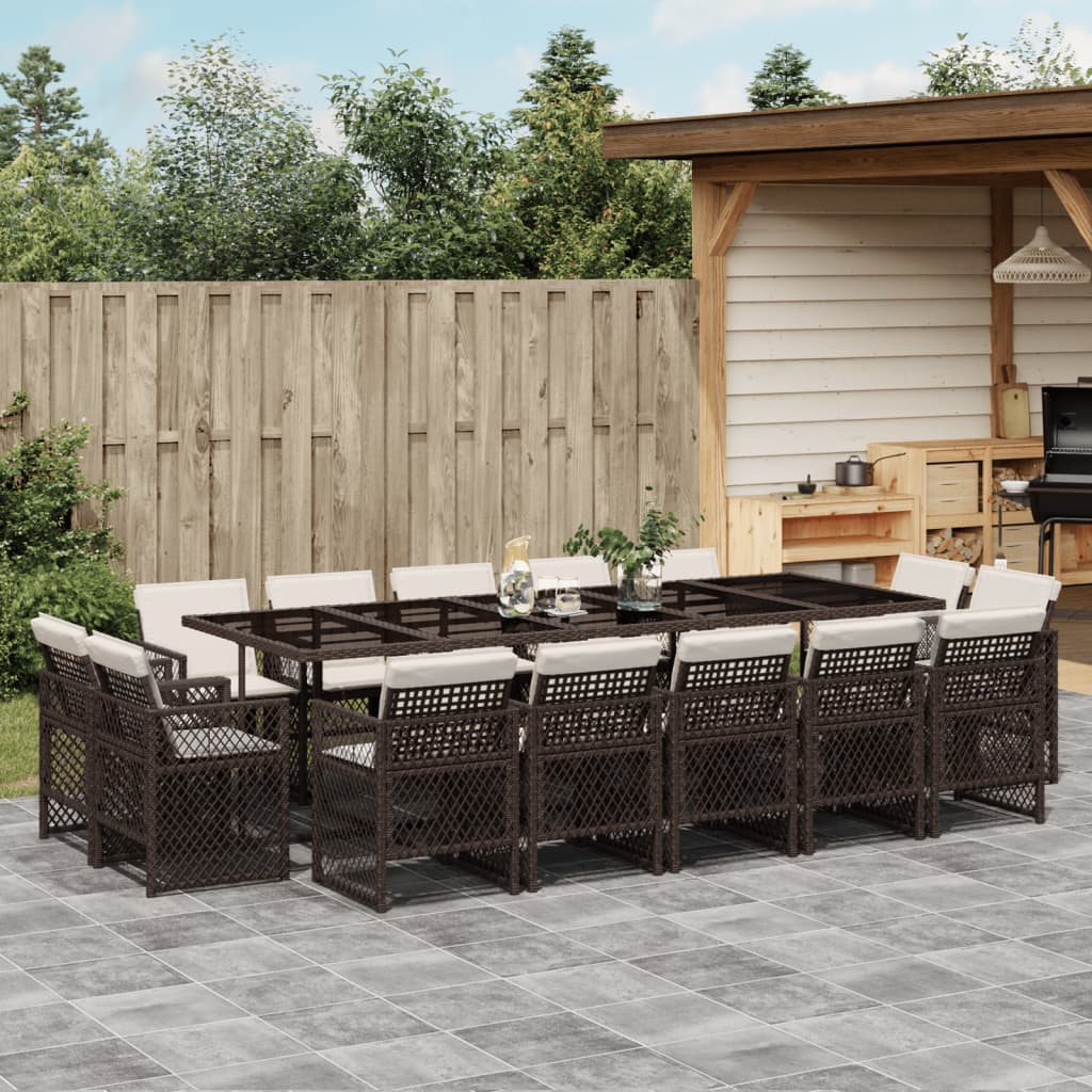 vidaXL 15-tlg. Garten-Essgruppe mit Kissen Braun Poly Rattan