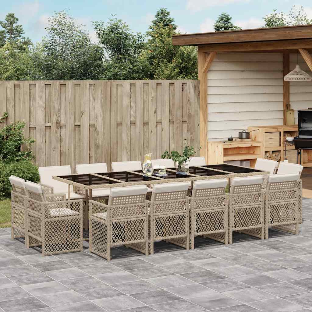 vidaXL 15-tlg. Garten-Essgruppe mit Kissen Beige Poly Rattan