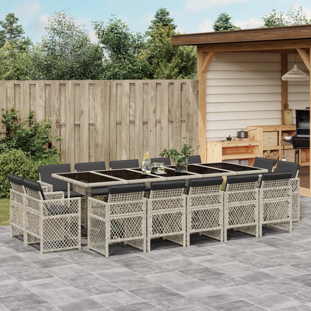 vidaXL 15-tlg. Garten-Essgruppe mit Kissen Hellgrau Poly Rattan