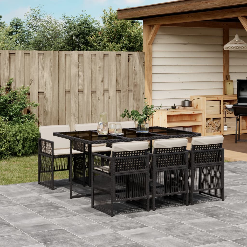 vidaXL 7-tlg. Garten-Essgruppe mit Kissen Schwarz Poly Rattan