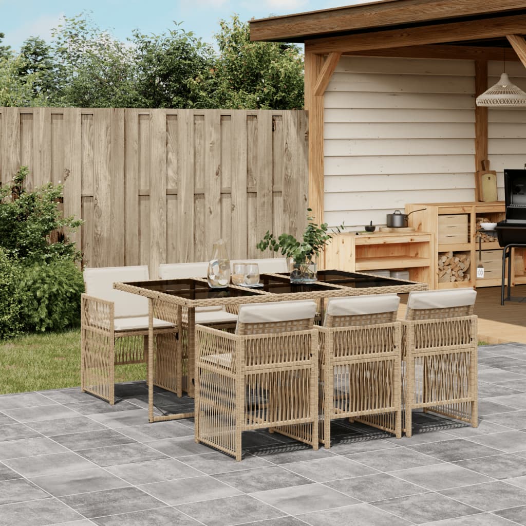 vidaXL 7-tlg. Garten-Essgruppe mit Kissen Beige Poly Rattan