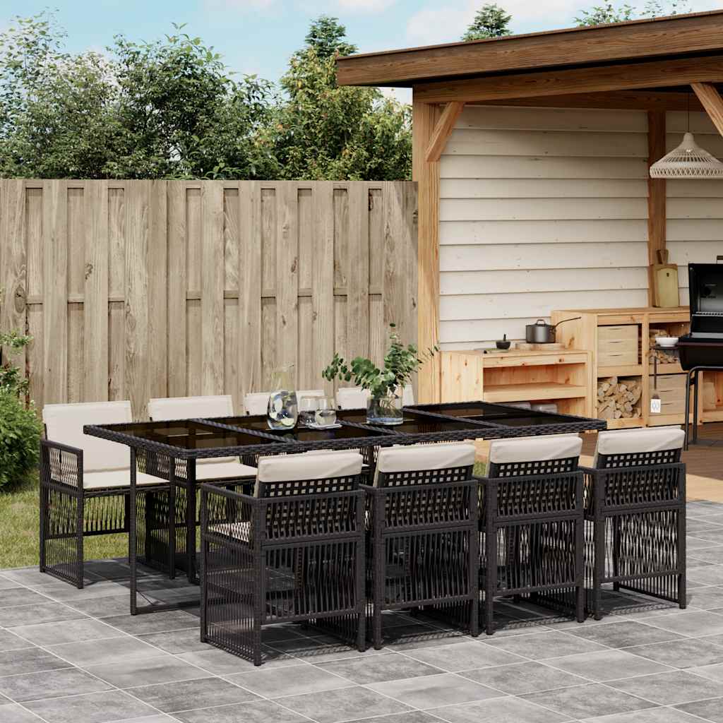 vidaXL 9-tlg. Garten-Essgruppe mit Kissen Schwarz Poly Rattan
