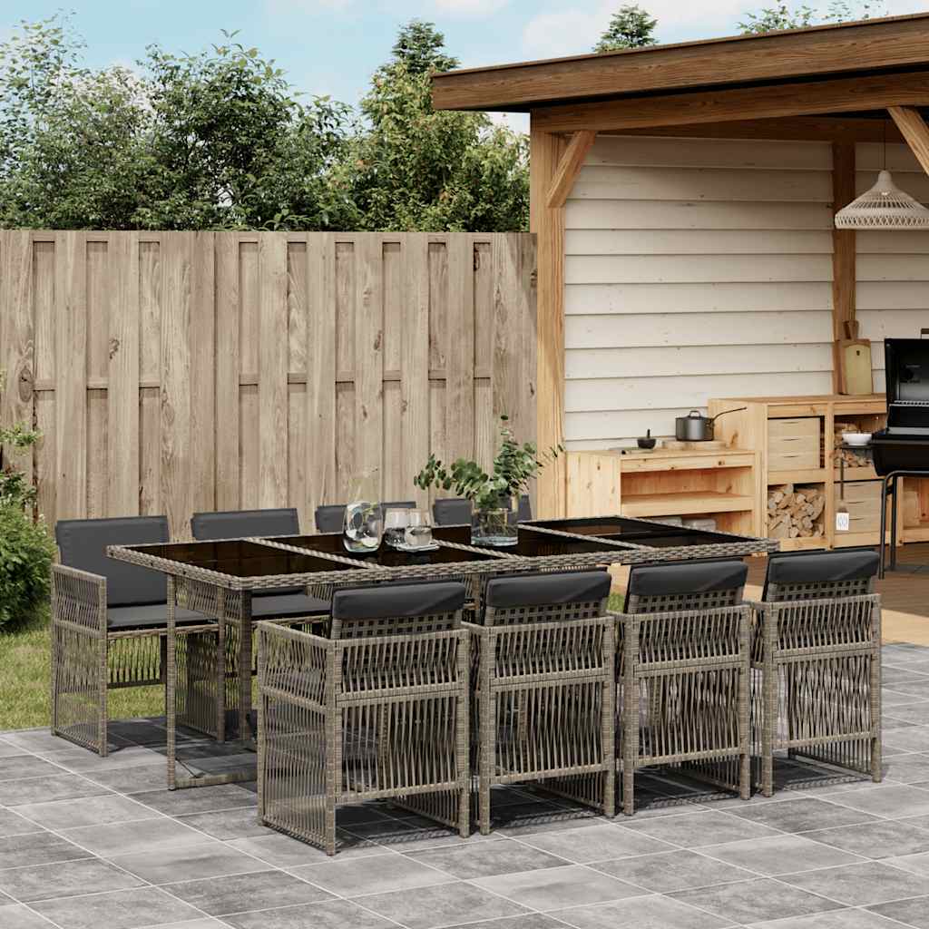vidaXL 9-tlg. Garten-Essgruppe mit Kissen Grau Poly Rattan