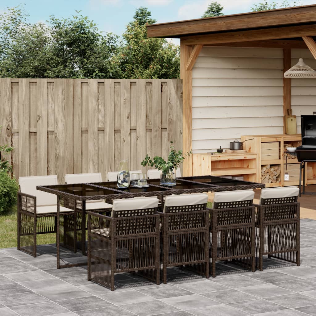 vidaXL 9-tlg. Garten-Essgruppe mit Kissen Braun Poly Rattan