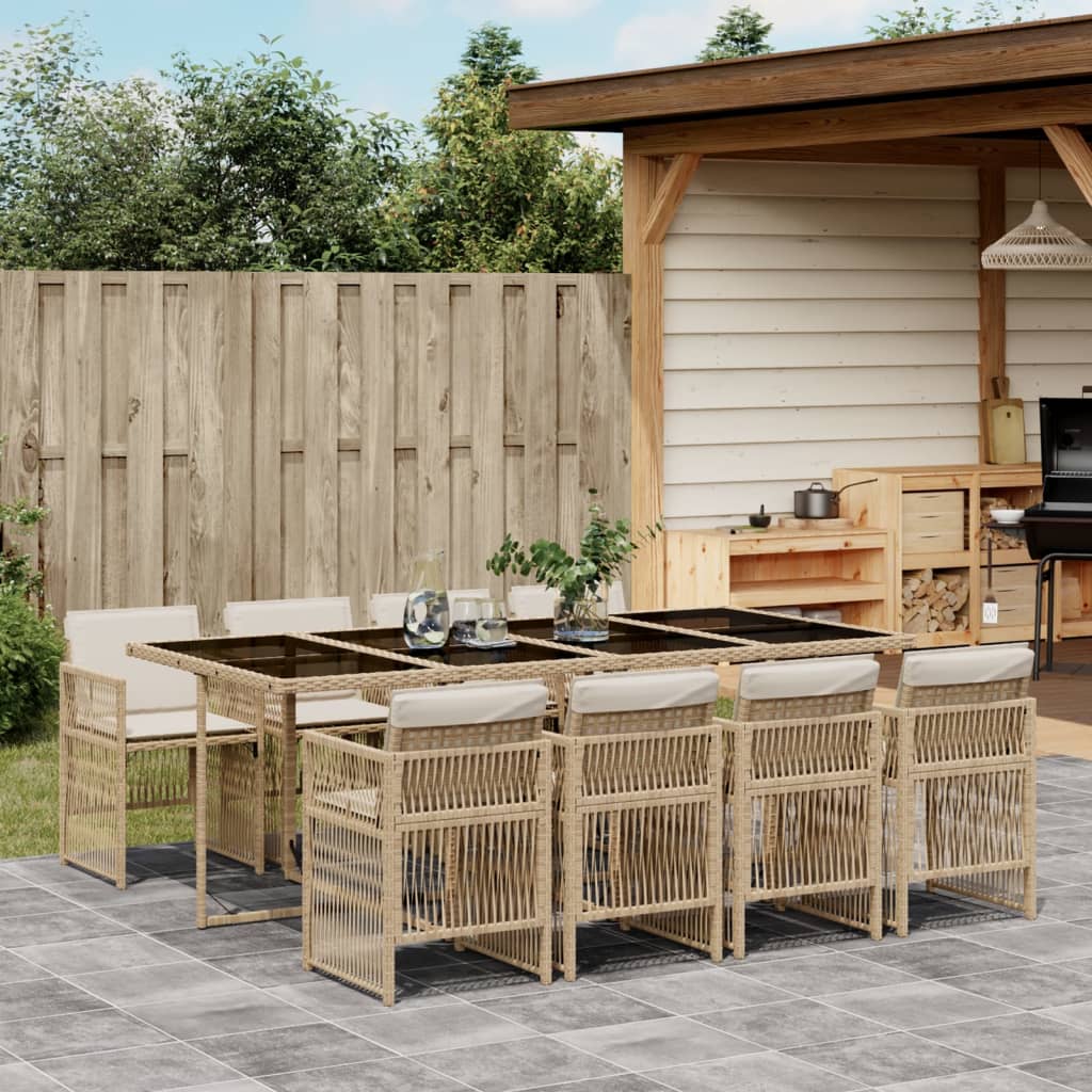 vidaXL 9-tlg. Garten-Essgruppe mit Kissen Beige Poly Rattan