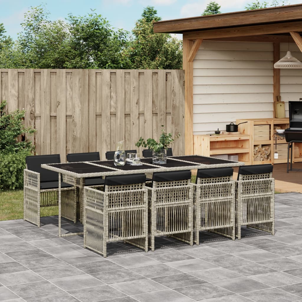 9-tlg. Garten-Essgruppe mit Kissen Hellgrau Poly Rattan