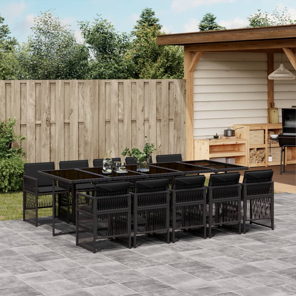 vidaXL 11-tlg. Garten-Essgruppe mit Kissen Schwarz Poly Rattan