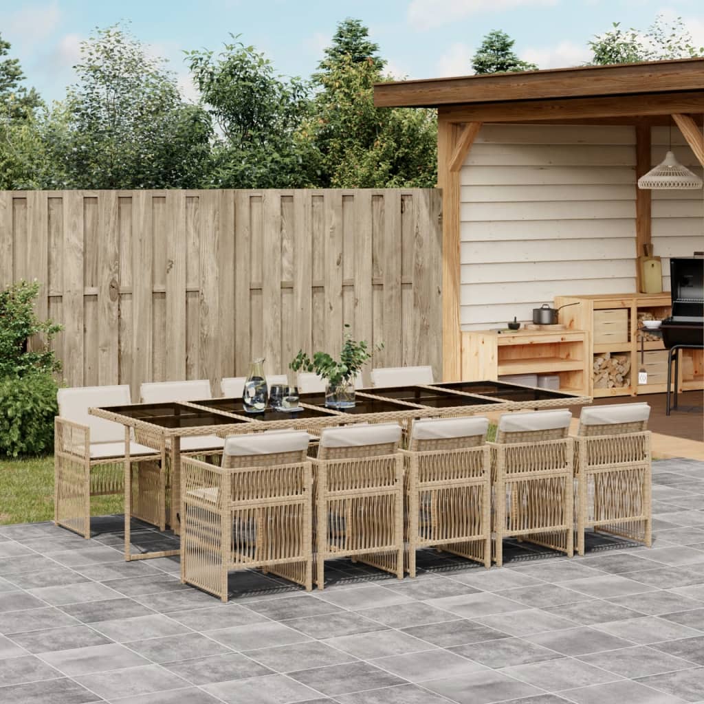 vidaXL 11-tlg. Garten-Essgruppe mit Kissen Beige Poly Rattan