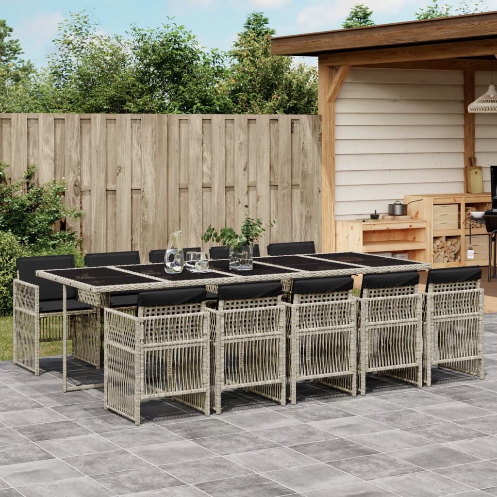 vidaXL 11-tlg. Garten-Essgruppe mit Kissen Hellgrau Poly Rattan