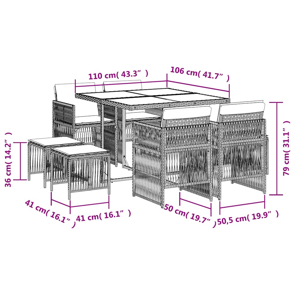 Set mobilier de grădină cu perne, 9 piese, negru, poliratan 3210954 - imagine 6