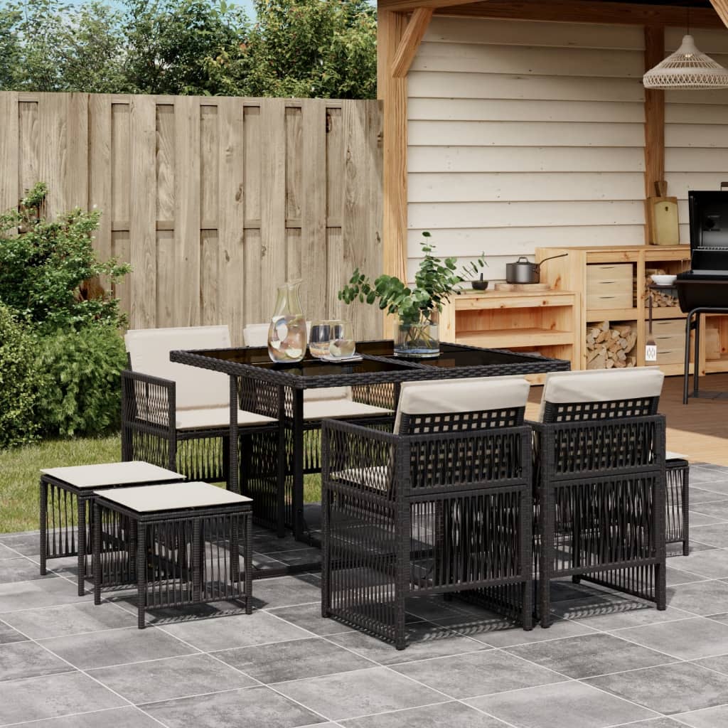 vidaXL 9-tlg. Garten-Essgruppe mit Kissen Schwarz Poly Rattan