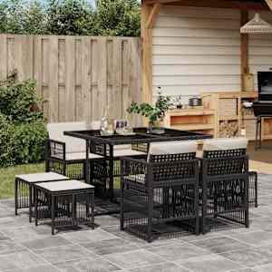 Vrtna jedilna garnitura 9-delna z blazinami črn poli ratan