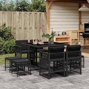 Vrtna jedilna garnitura 9-delna z blazinami črn poli ratan