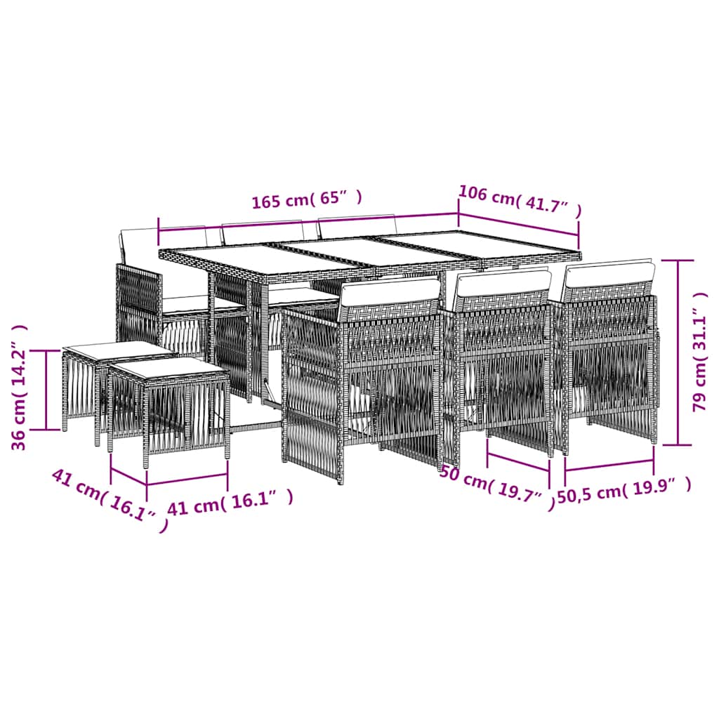 Set mobilier de grădină cu perne, 11 piese, gri, poliratan 3210968 - imagine 6