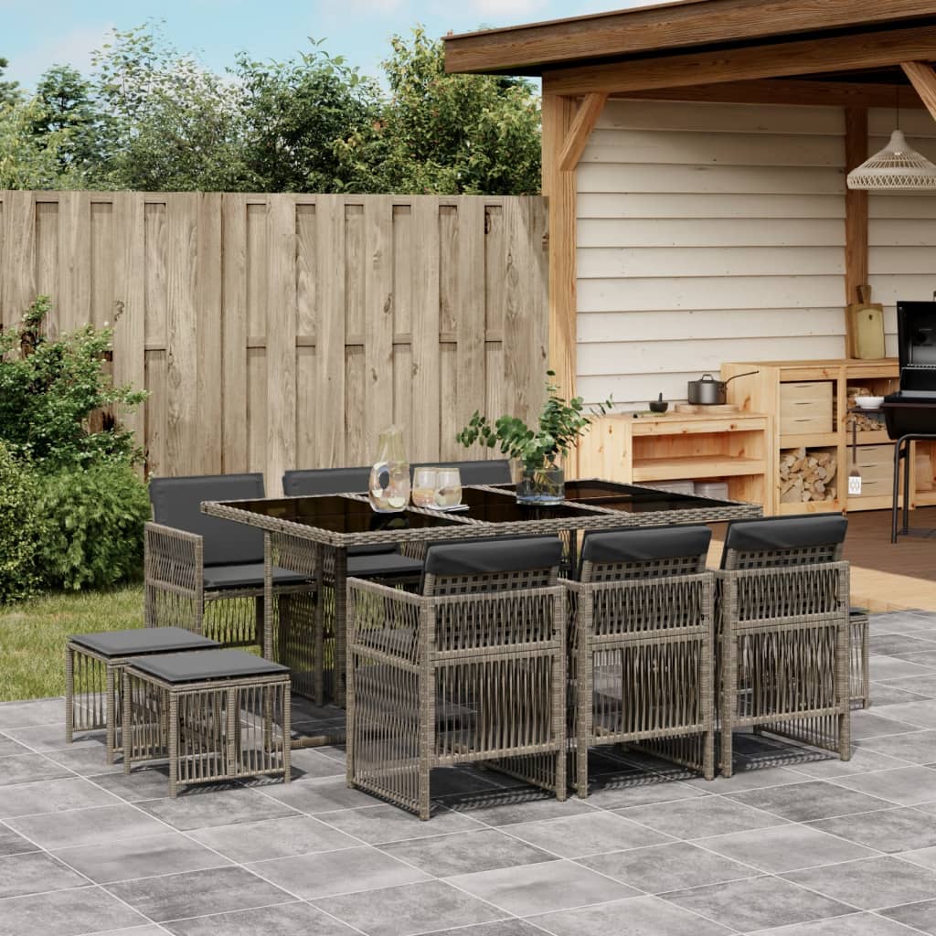 vidaXL 11-tlg. Garten-Essgruppe mit Kissen Grau Poly Rattan