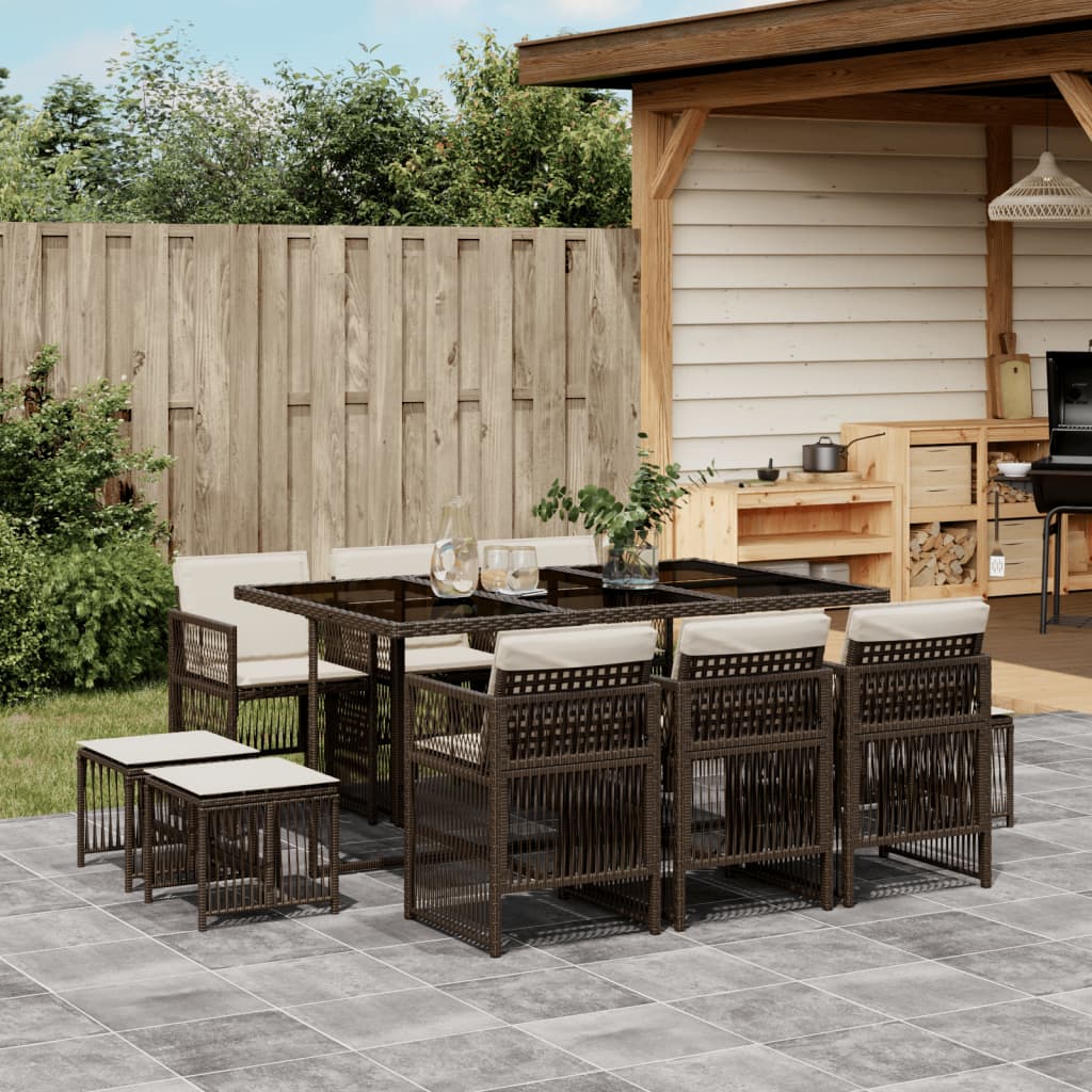 vidaXL 11-tlg. Garten-Essgruppe mit Kissen Braun Poly Rattan