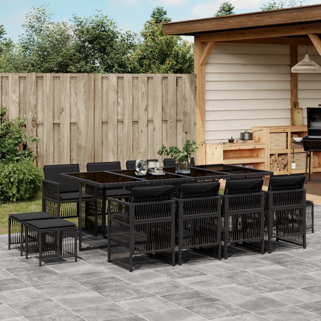 vidaXL 13-tlg. Garten-Essgruppe mit Kissen Schwarz Poly Rattan