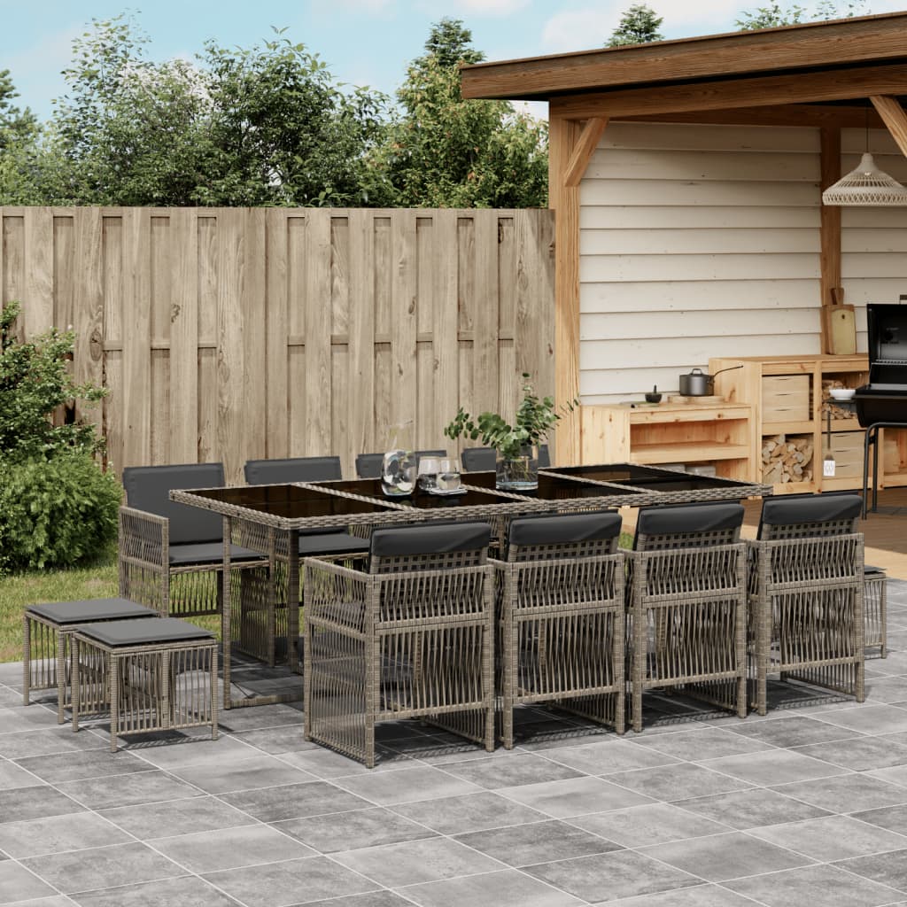 vidaXL 13-tlg. Garten-Essgruppe mit Kissen Grau Poly Rattan