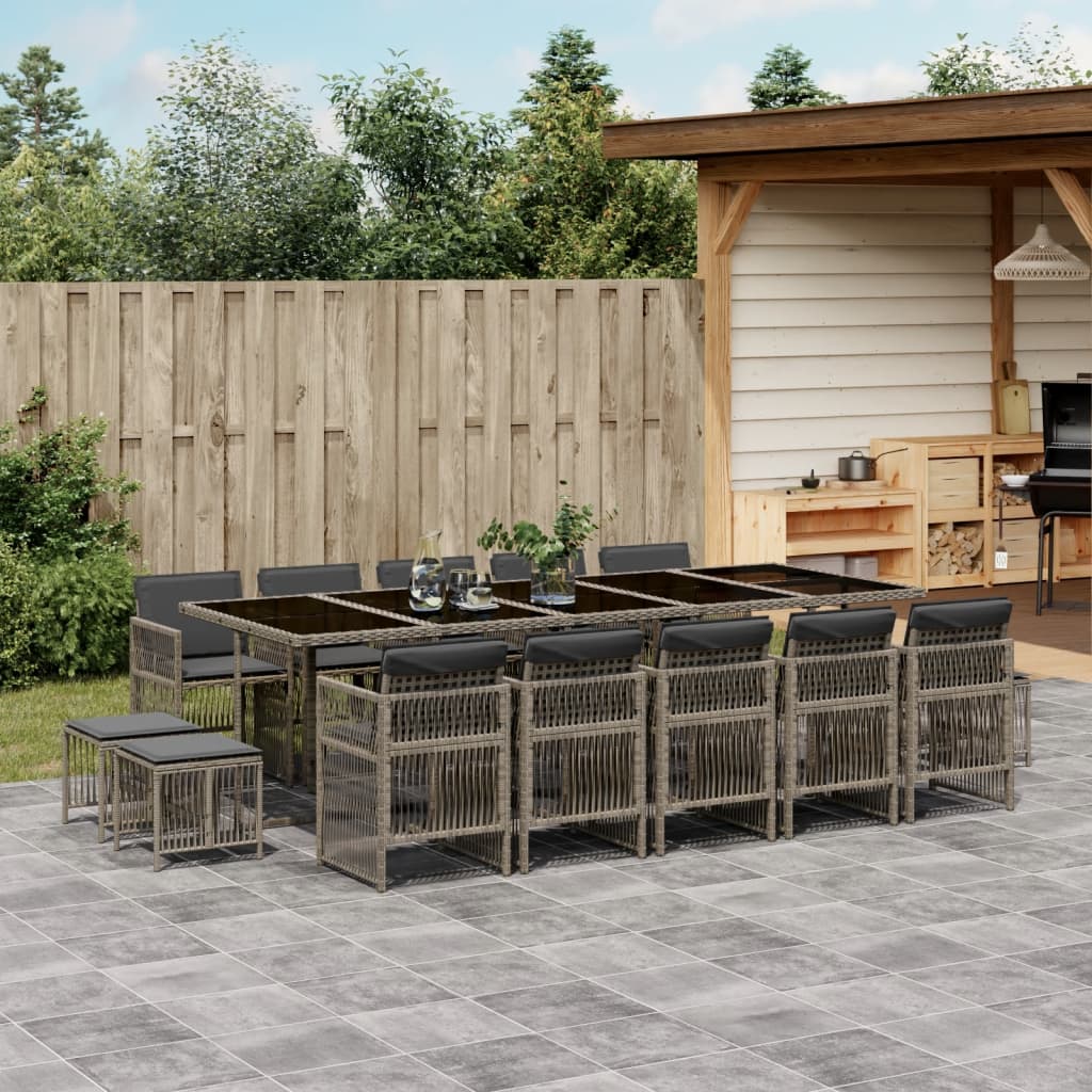 vidaXL 15-tlg. Garten-Essgruppe mit Kissen Grau Poly Rattan