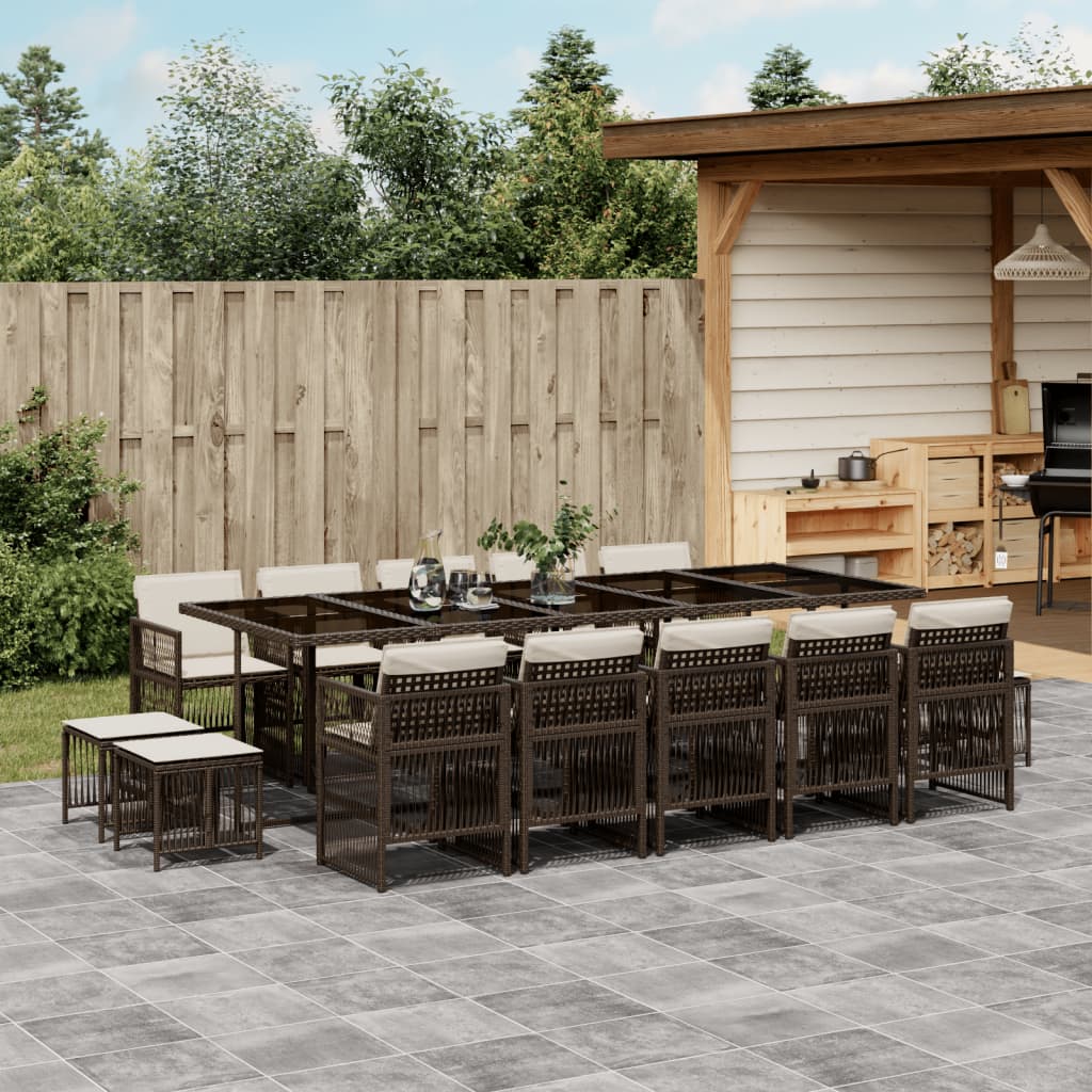 vidaXL 15-tlg. Garten-Essgruppe mit Kissen Braun Poly Rattan