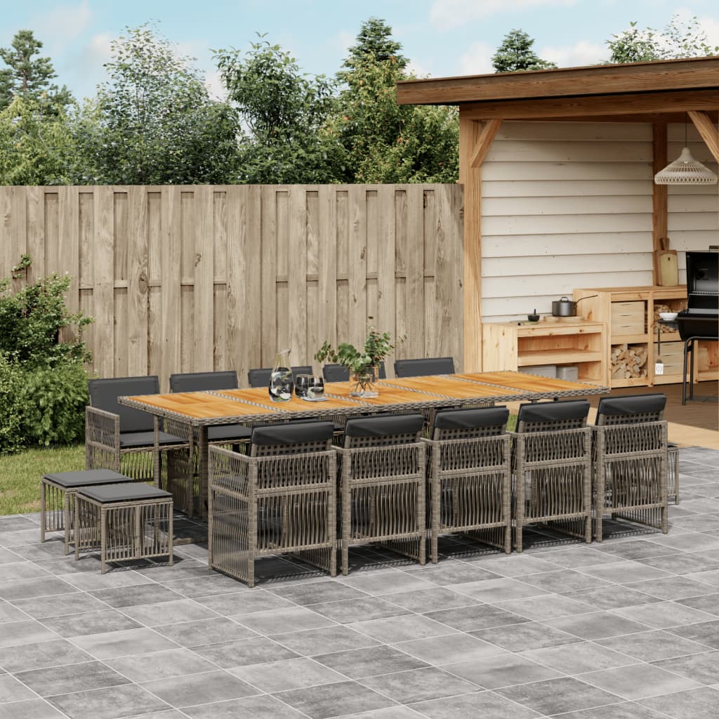 vidaXL 15-tlg. Garten-Essgruppe mit Kissen Grau Poly Rattan