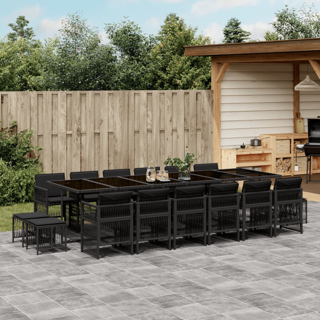 vidaXL 17-tlg. Garten-Essgruppe mit Kissen Schwarz Poly Rattan