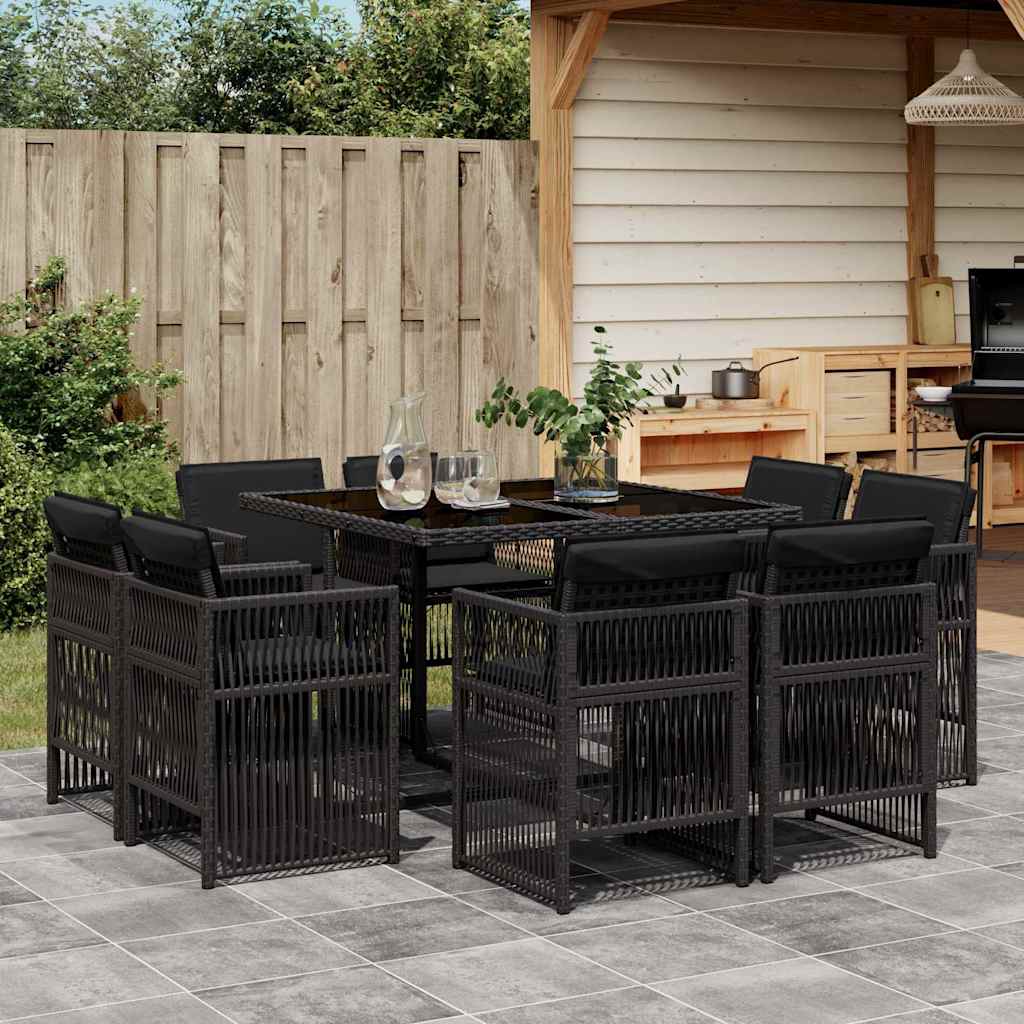 vidaXL 9-tlg. Garten-Essgruppe mit Kissen Schwarz Poly Rattan