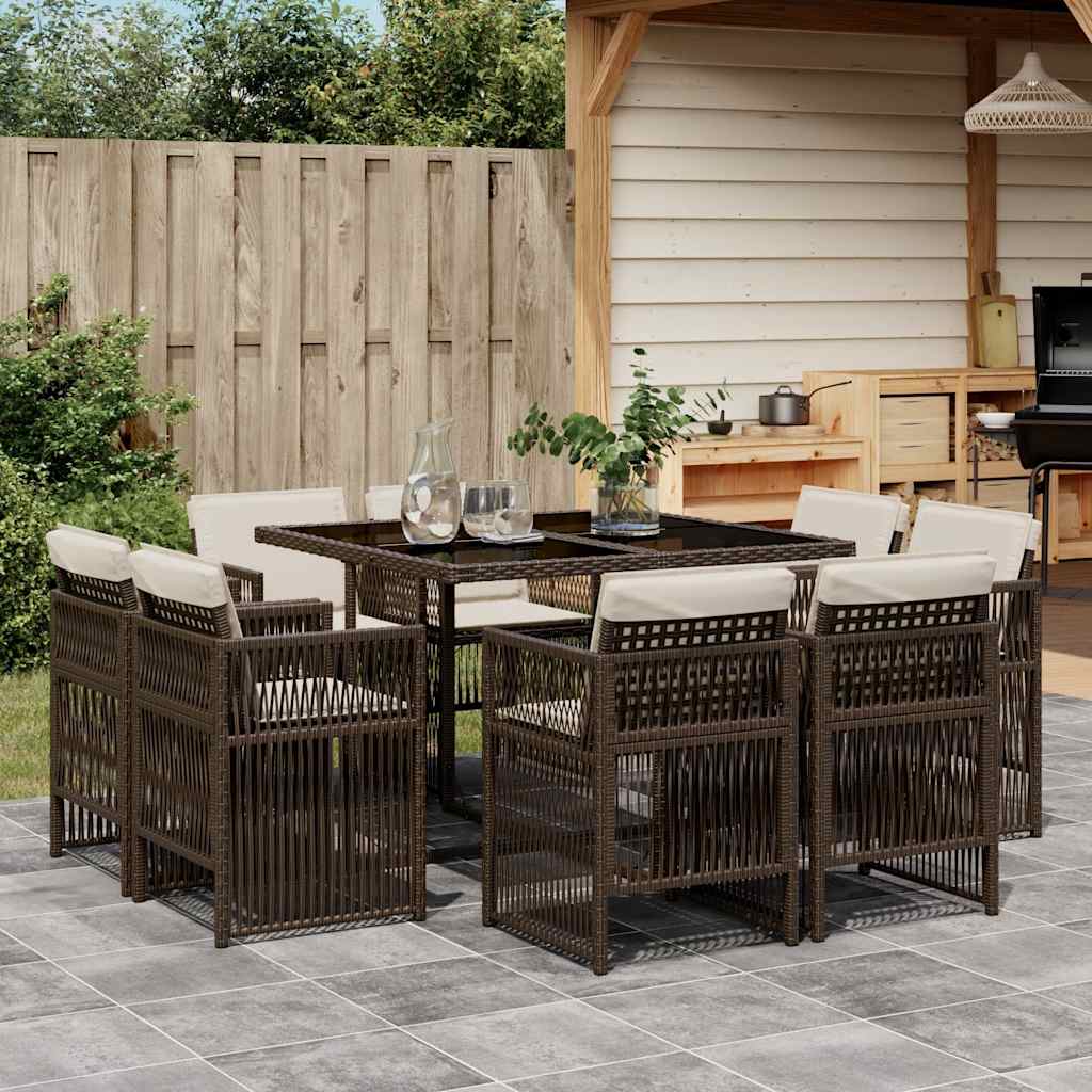 vidaXL 9-tlg. Garten-Essgruppe mit Kissen Braun Poly Rattan