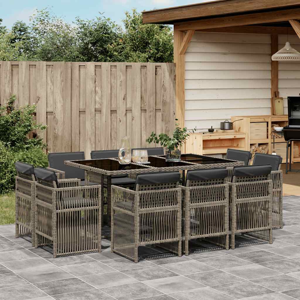 vidaXL 11-tlg. Garten-Essgruppe mit Kissen Grau Poly Rattan