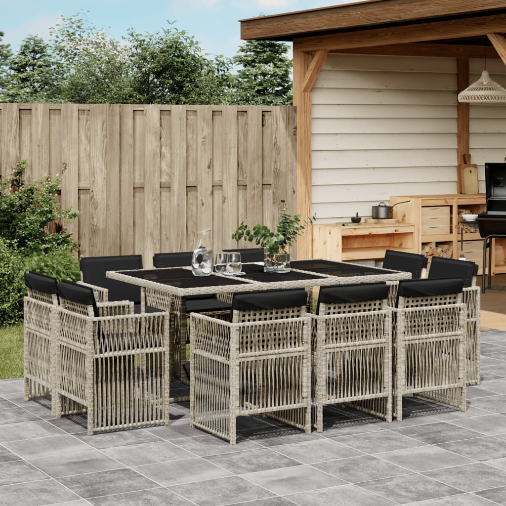 vidaXL 11-tlg. Garten-Essgruppe mit Kissen Hellgrau Poly Rattan