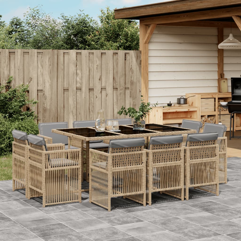 vidaXL 11-tlg. Garten-Essgruppe mit Kissen Beigemischung Poly Rattan