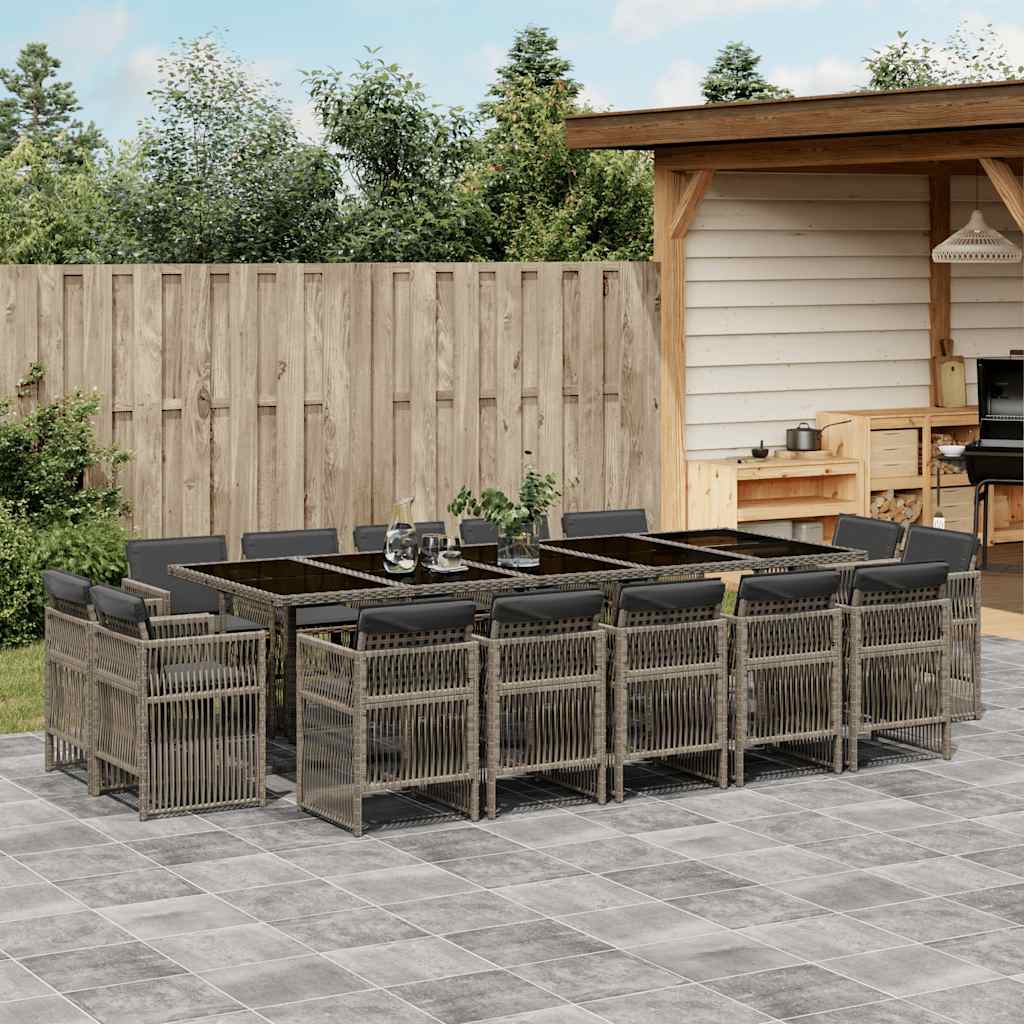 vidaXL 15-tlg. Garten-Essgruppe mit Kissen Grau Poly Rattan