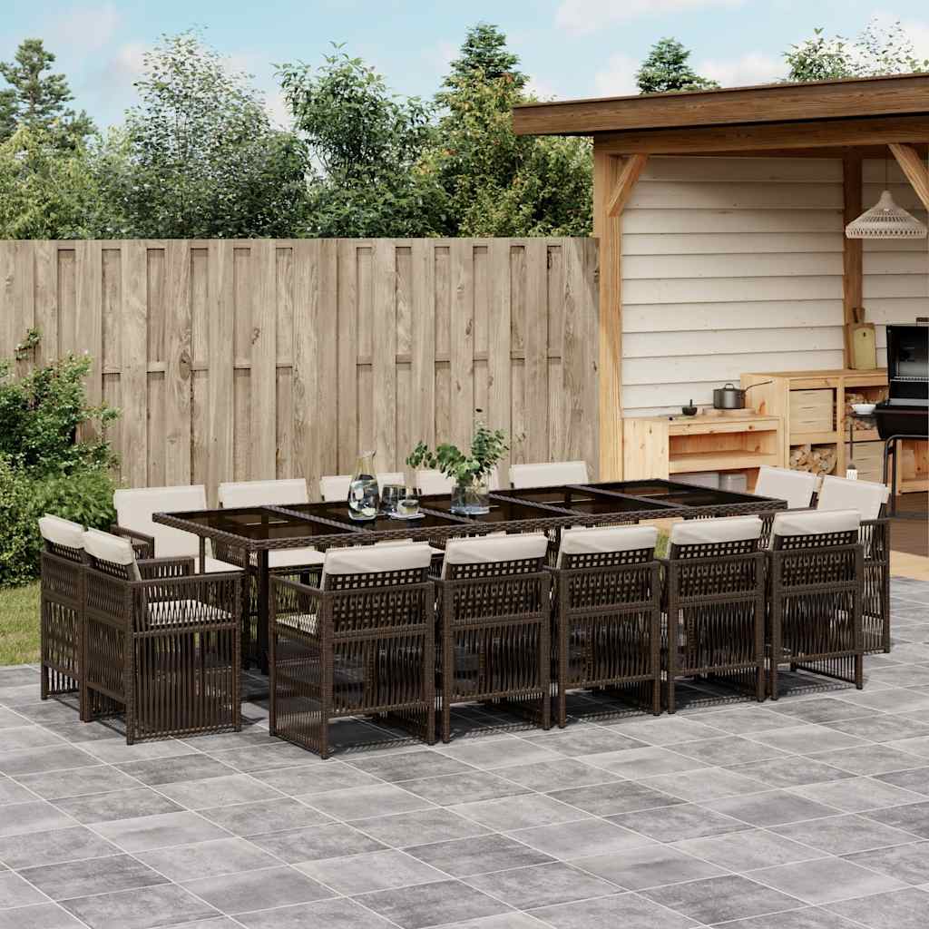 vidaXL 15-tlg. Garten-Essgruppe mit Kissen Braun Poly Rattan