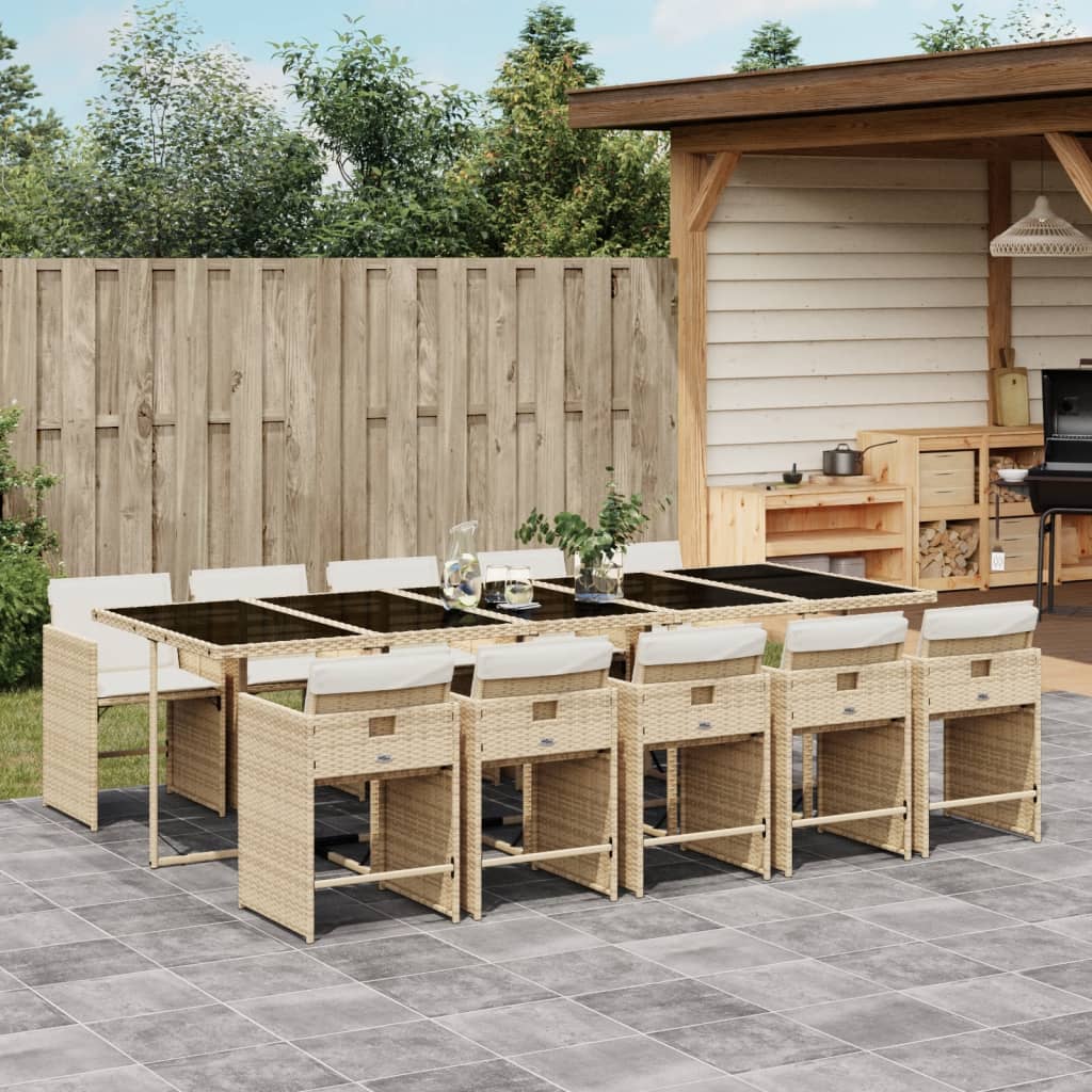 vidaXL 11-tlg. Garten-Essgruppe mit Kissen Beige Poly Rattan