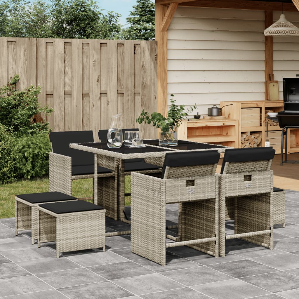 vidaXL 9-tlg. Garten-Essgruppe mit Kissen Hellgrau Poly Rattan