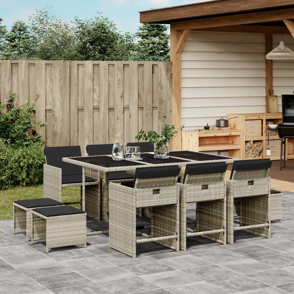 vidaXL 11-tlg. Garten-Essgruppe mit Kissen Hellgrau Poly Rattan