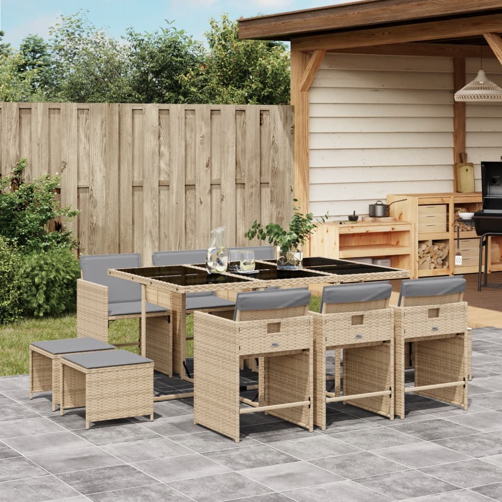 vidaXL 11-tlg. Garten-Essgruppe mit Kissen Beigemischung Poly Rattan