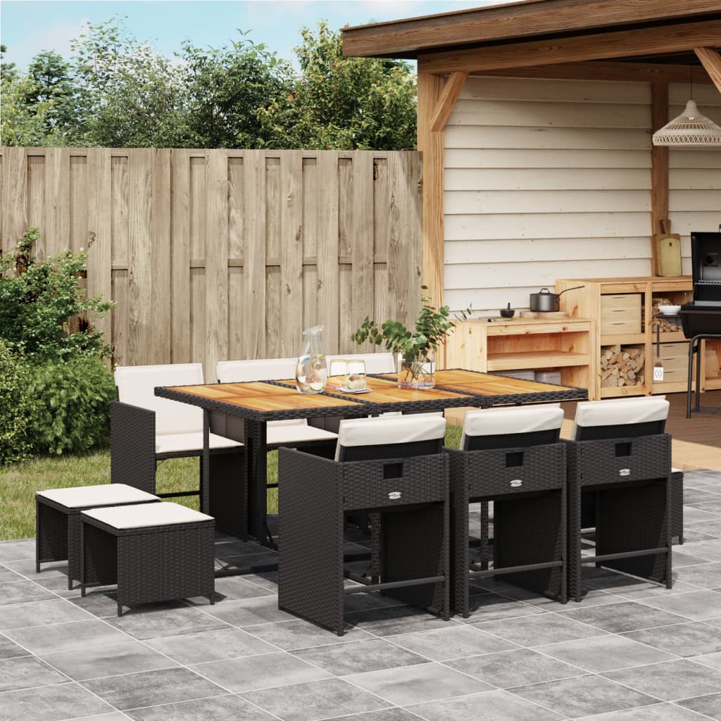 vidaXL 11-tlg. Garten-Essgruppe mit Kissen Schwarz Poly Rattan