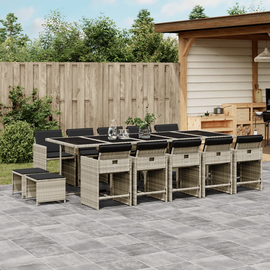 vidaXL 15-tlg. Garten-Essgruppe mit Kissen Hellgrau Poly Rattan