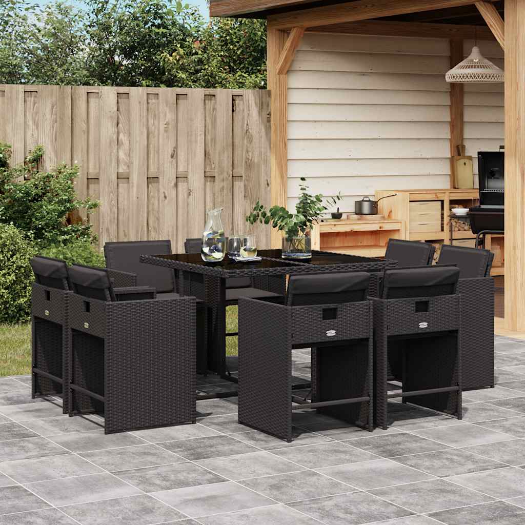 vidaXL 9-tlg. Garten-Essgruppe mit Kissen Schwarz Poly Rattan