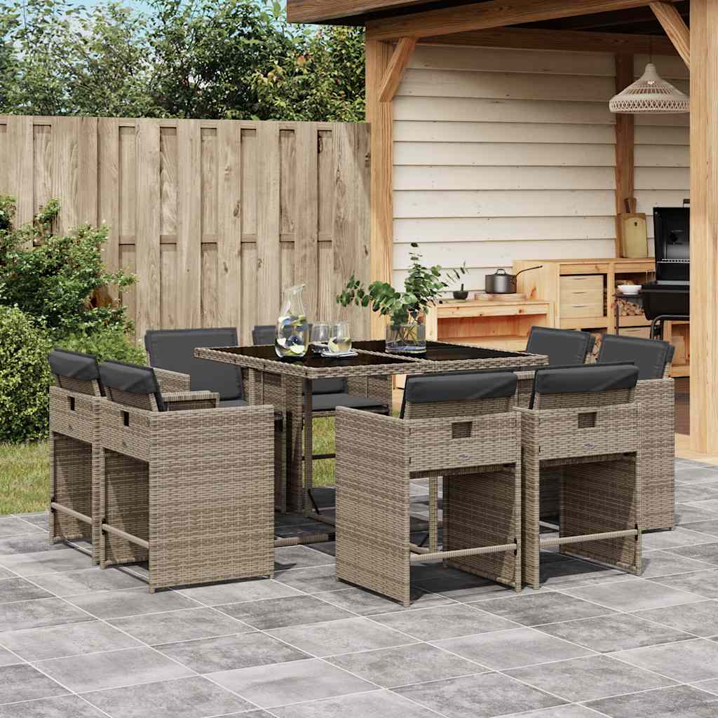 vidaXL 9-tlg. Garten-Essgruppe mit Kissen Grau Poly Rattan