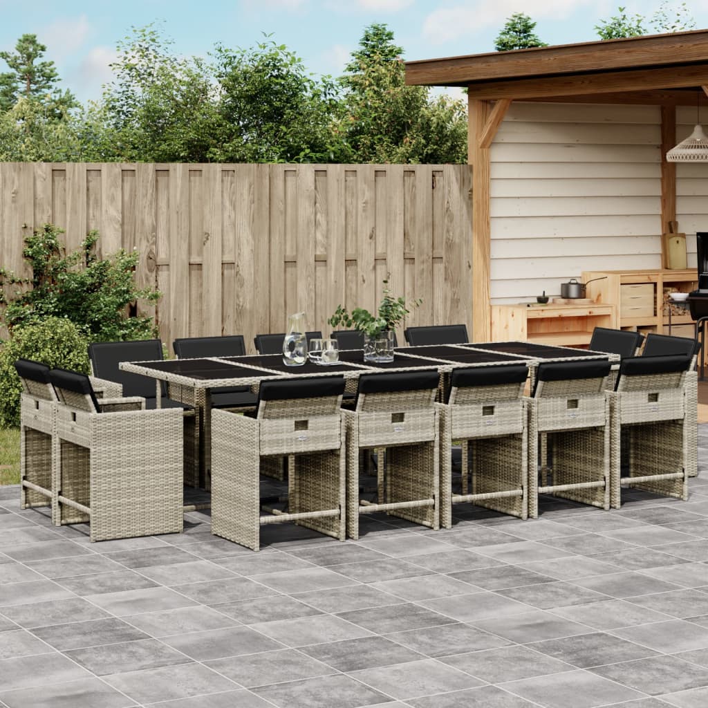 vidaXL 15-tlg. Garten-Essgruppe mit Kissen Hellgrau Poly Rattan