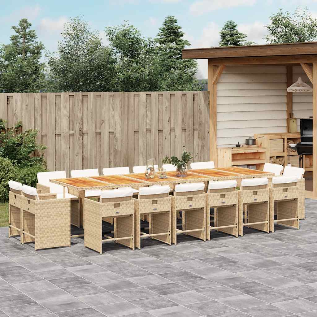 vidaXL spisebordssæt til haven 17 dele med hynder polyrattan beige